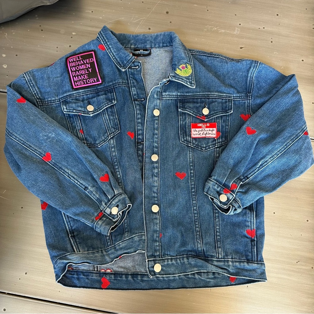 Lazy Oaf Heart Embroidered Jean Jacket size SMALL Rare